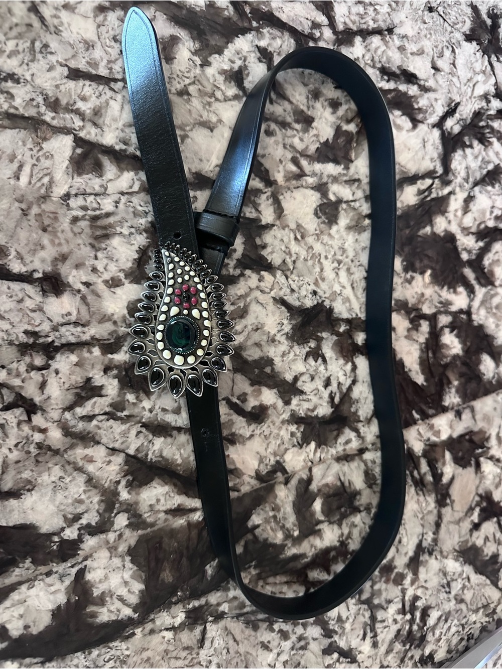 Isabel Marant Black Leather Belt with Jeweled Teardrop Buckle belt measures 35”